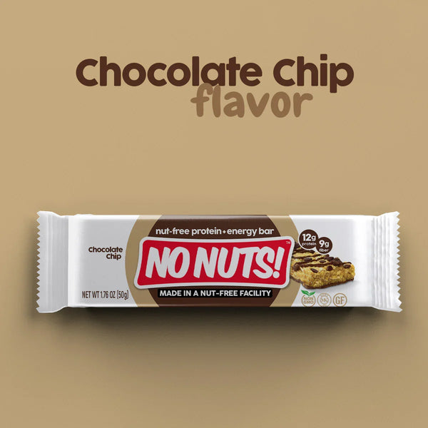 No Nuts chocolate chip nut-free snack bar in white packaging on tan background