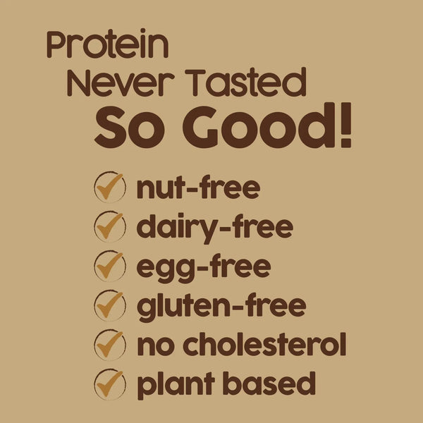 Nut-free, dairy-free, gluten-free, plant-based protein bar ingredient highlights on tan background