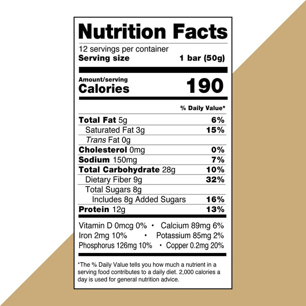 No Nuts nut-free chocolate chip bar nutrition facts label on white and tan background