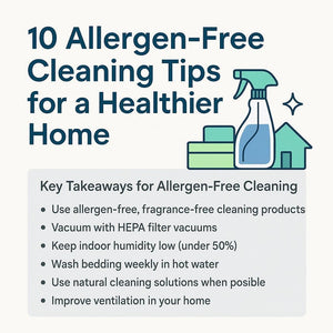 10 allergen-free cleaning tips infographic with spray bottle and healthy home icons