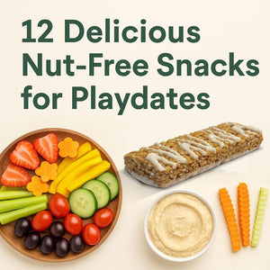 Nut-free snack bar, fresh fruits and veggies, hummus, and crinkle-cut veggie sticks.