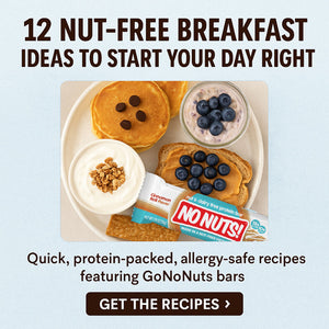 Nut-free breakfast ideas with pancakes, yogurt, toast, blueberries, and No Nuts snack bar