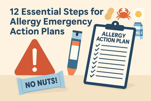Allergy emergency action plan guide with epinephrine pen, nut-free snack, and allergy icons