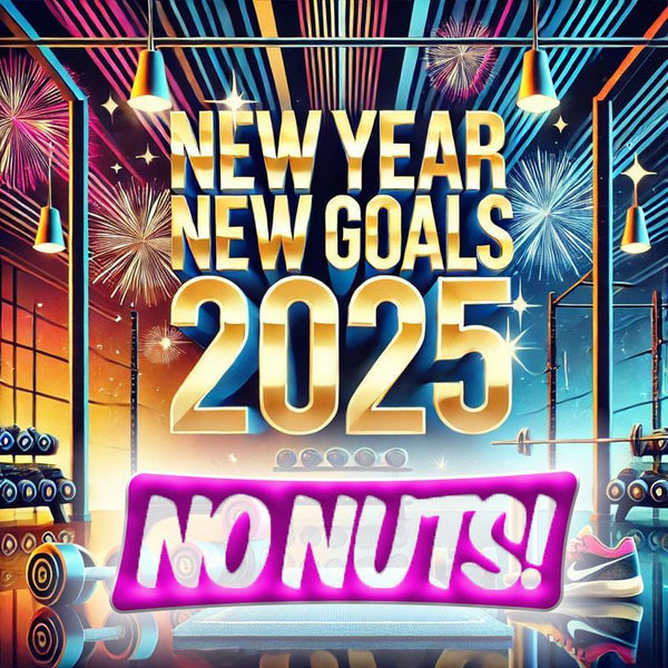 Colorful gym scene with 'New Year New Goals 2025' and 'No Nuts!' text, dumbbells, fireworks, sport shoes