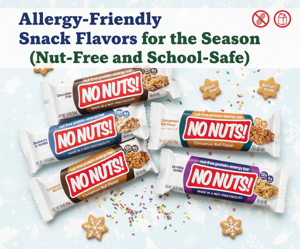No Nuts nut-free snack bars in various flavors with gluten-free cookies and festive sprinkles