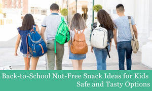 Group of kids with backpacks walking outdoors, nut-free back-to-school snacks concept