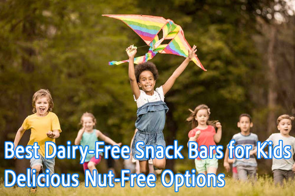 Kids playing outdoors with a rainbow kite, text promoting dairy-free nut-free snack bars.