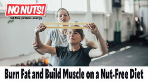 Two women exercising with resistance band in gym, No Nuts nut-free protein bar promotion