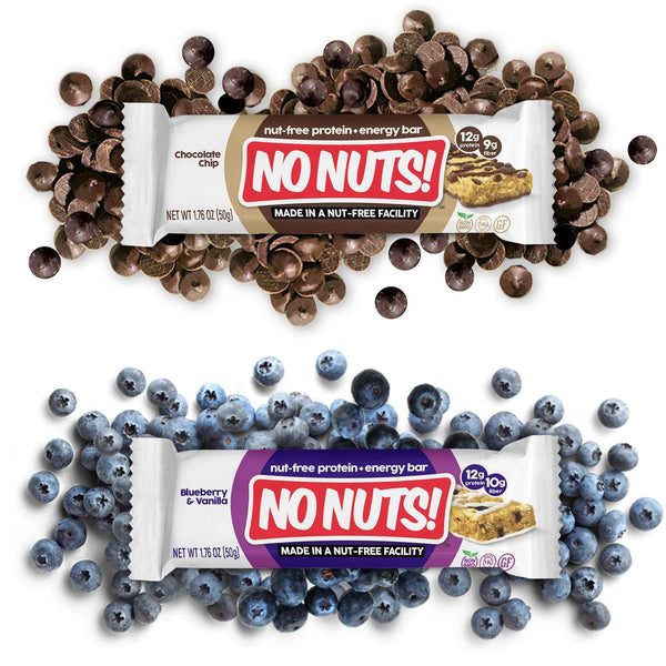 No Nuts nut-free snack bars in chocolate chip and blueberry vanilla flavors with chocolate chips and blueberries.