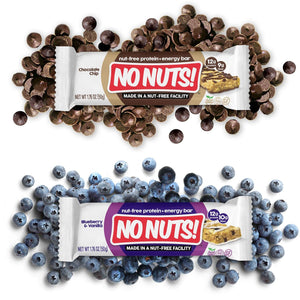 No Nuts nut-free snack bars, chocolate chip and blueberry vanilla flavors, with toppings