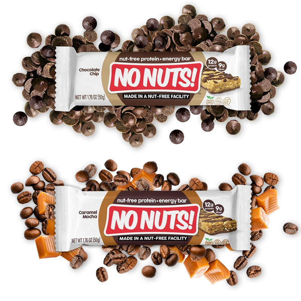 No Nuts nut-free snack bars in chocolate chip and caramel mocha flavors with chocolate chips and coffee beans