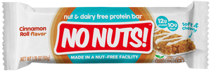 No Nuts Cinnamon Roll flavor nut-free dairy-free snack bar in white and blue packaging