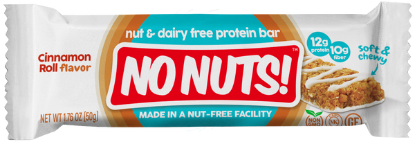 No Nuts cinnamon roll nut-free, dairy-free protein bar in white packaging, allergy-friendly