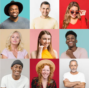 Diverse group of happy people, colorful backgrounds, for No Nuts nut-free snack bars