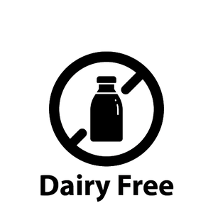 Dairy free icon with milk bottle crossed out, allergy-friendly snack bar branding