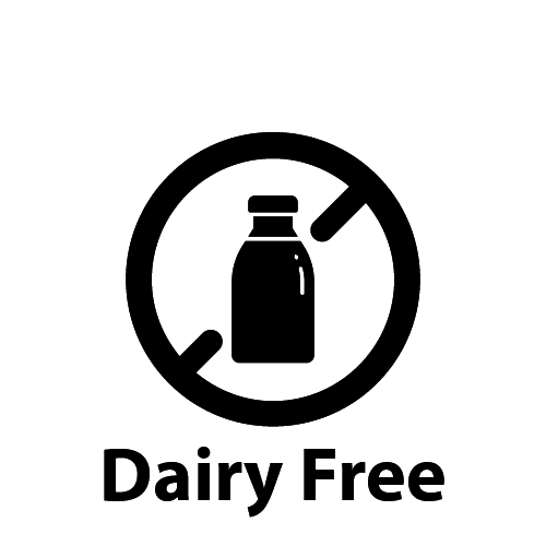 Dairy free icon with milk bottle crossed out, allergy-friendly snack bar branding