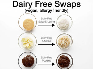 Dairy-free swaps in bowls: salad dressing, cheese, and pudding, allergy-friendly, nut-free.