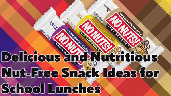 Nut-free No Nuts! snack bars in assorted flavors on a colorful background, perfect for school lunches