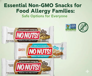 No Nuts nut-free snack bars in chocolate chip, cinnamon roll, and caramel mocha flavors, non-GMO, allergy-friendly.