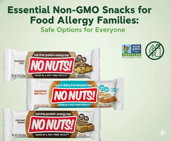 No Nuts nut-free snack bars in chocolate chip, cinnamon roll, and caramel mocha flavors, non-GMO, allergy-friendly.