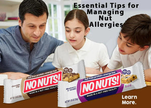 Family with two kids and No Nuts nut-free snack bars, promoting allergy-friendly, school-safe treats