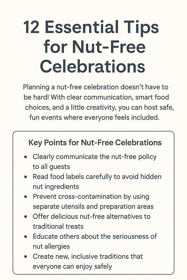 Infographic listing tips for nut-free celebrations, allergy-friendly event planning advice.
