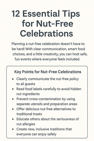 Text graphic titled '12 Essential Tips for Nut-Free Celebrations' with nut-free snack tips.