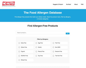 No Nuts! food allergen database homepage with allergen-free product filters and search options.