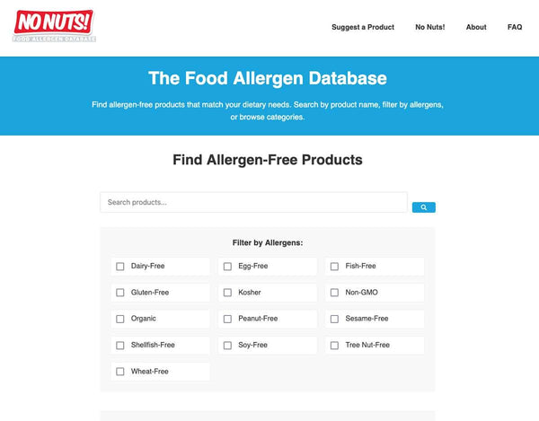 No Nuts! food allergen database homepage with allergen-free product filters and search options.