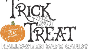 Trick or Treat sign with pumpkin, spider web, and 'Halloween safe candy' text promoting nut-free treats.