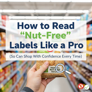 Shopper holding nut-free snack bar in grocery aisle with sign on reading nut-free labels
