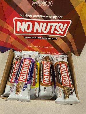 No Nuts nut-free protein energy bars assorted flavors in branded allergy-friendly box.