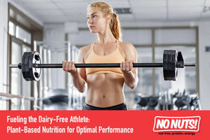 Athletic woman lifting barbell in gym promoting dairy-free, nut-free, plant-based nutrition by No Nuts!