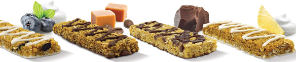 Nut-free No Nuts snack bars in assorted flavors with fruit, caramel, chocolate and lemon.