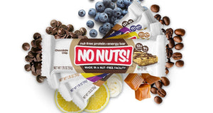 Nut-free No Nuts protein snack bars with chocolate chips, blueberries, coffee beans, lemon, caramel and cream.