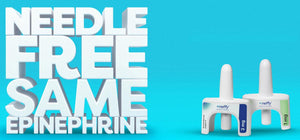 Neffy epinephrine nasal spray needle-free devices with bold NEEDLE FREE SAME EPINEPHRINE text on blue background