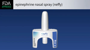 FDA approved Neffy epinephrine nasal spray for allergy emergency relief on blue background