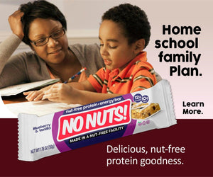 Mother and child studying at home with No Nuts nut-free protein snack bar, allergy-friendly, school-safe.
