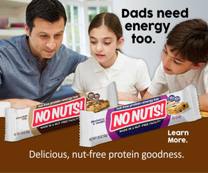 Dad and two kids study together with No Nuts! nut-free snack bars, allergy-friendly and school-safe.