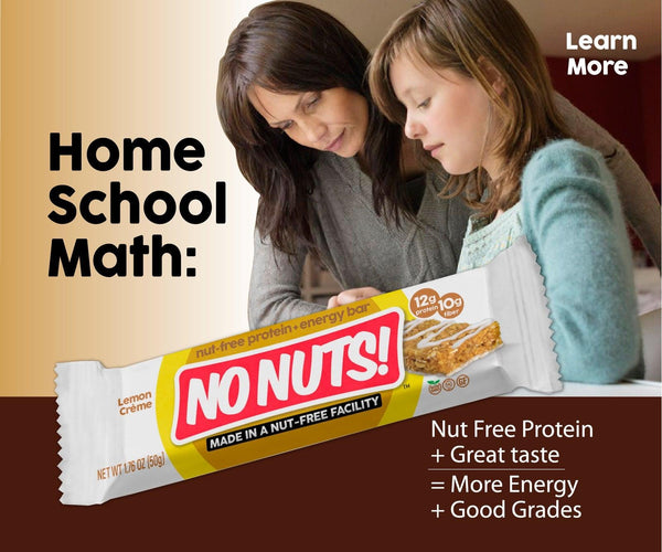 Mother and daughter studying at home with No Nuts! nut-free snack bar, allergy-friendly, school-safe