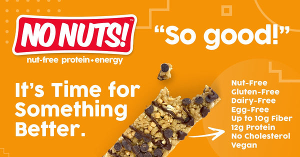 No Nuts nut-free snack bar with chocolate chips on orange background, highlighting allergy-friendly, gluten-free, dairy-free, vegan protein bar benefits.