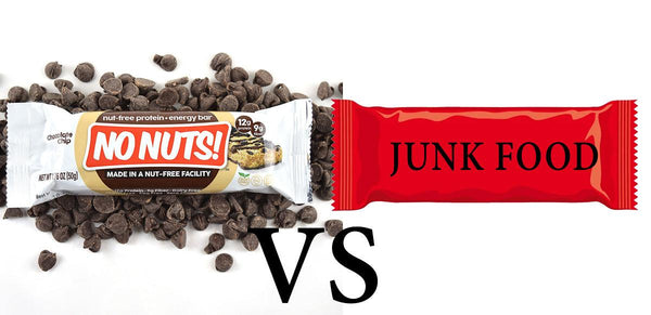 No Nuts chocolate chip nut-free snack bar versus generic candy bar with 'Junk Food' label