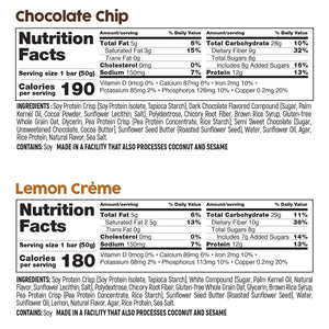 No Nuts Chocolate Chip and Lemon Crème bar nutrition facts and nut-free ingredients lists