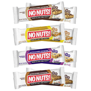 No Nuts nut-free protein bars variety pack with Chocolate Chip, Lemon Crème, Blueberry & Vanilla, and Caramel Mocha flavors, allergy-friendly snack bar packaging.