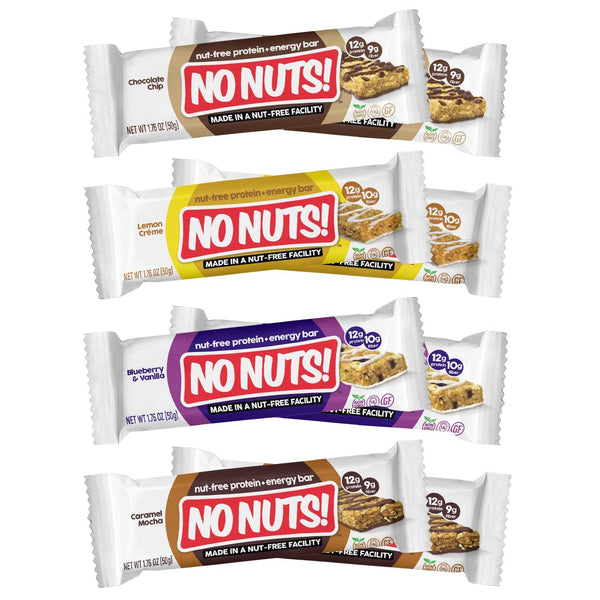 No Nuts nut-free protein bars variety pack with Chocolate Chip, Lemon Crème, Blueberry & Vanilla, and Caramel Mocha flavors, allergy-friendly snack bar packaging.
