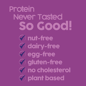 Nut-free, dairy-free, gluten-free, egg-free, plant-based protein benefits on purple background
