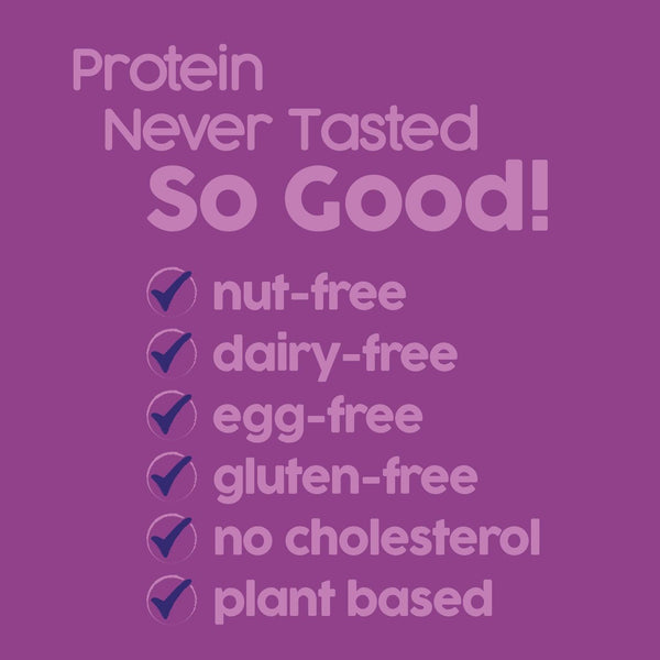 Nut-free, dairy-free, gluten-free, egg-free, plant-based protein benefits on purple background
