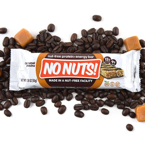 No Nuts caramel mocha nut-free protein bar on coffee beans and caramel squares, allergy-friendly snack