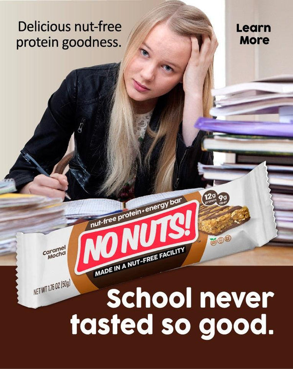 Student at desk with No Nuts caramel mocha nut-free snack bar, school-safe and allergy-friendly.