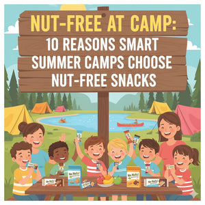 Kids at summer camp with No Nuts nut-free snack bars and a camp sign promoting allergy-friendly snacks